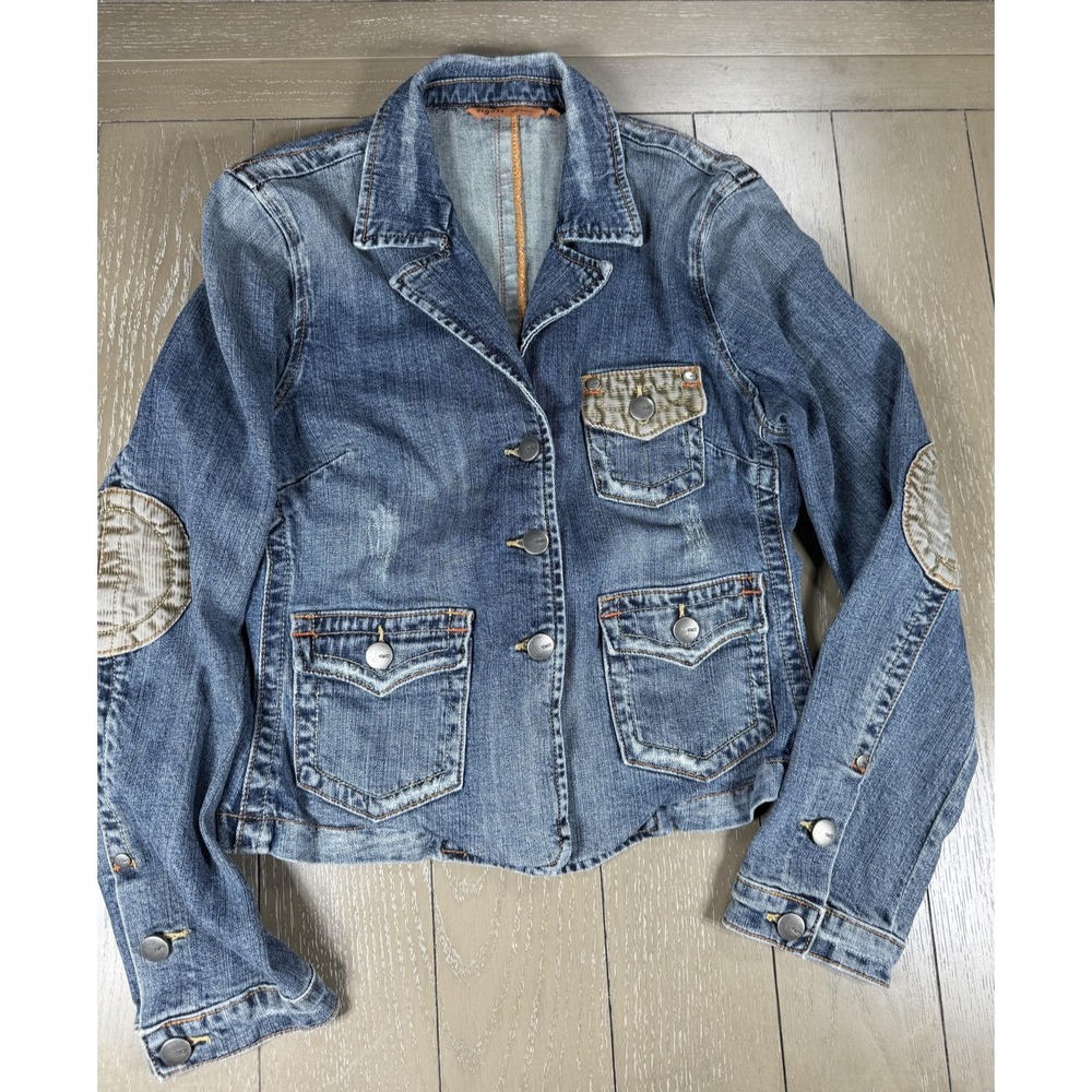 Y2K Jeans Denim Jacket Womens Medium Blazer Style Distressed Elbow Patch‎ Preppy